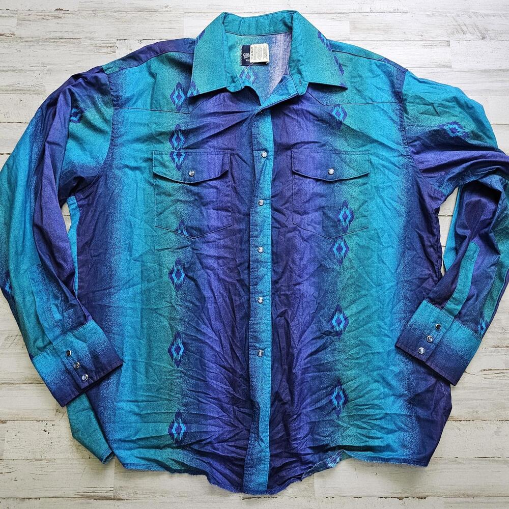 Vintage Wrangler Brushpopper Aztec Print Western Pearl Snap Shirt XL